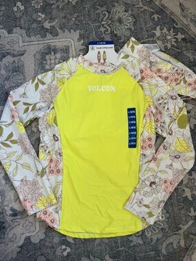 Volcom NWT Youth 3-Piece Set Neon Yellow Floral Rash Guard & Bikini Size L 14/16